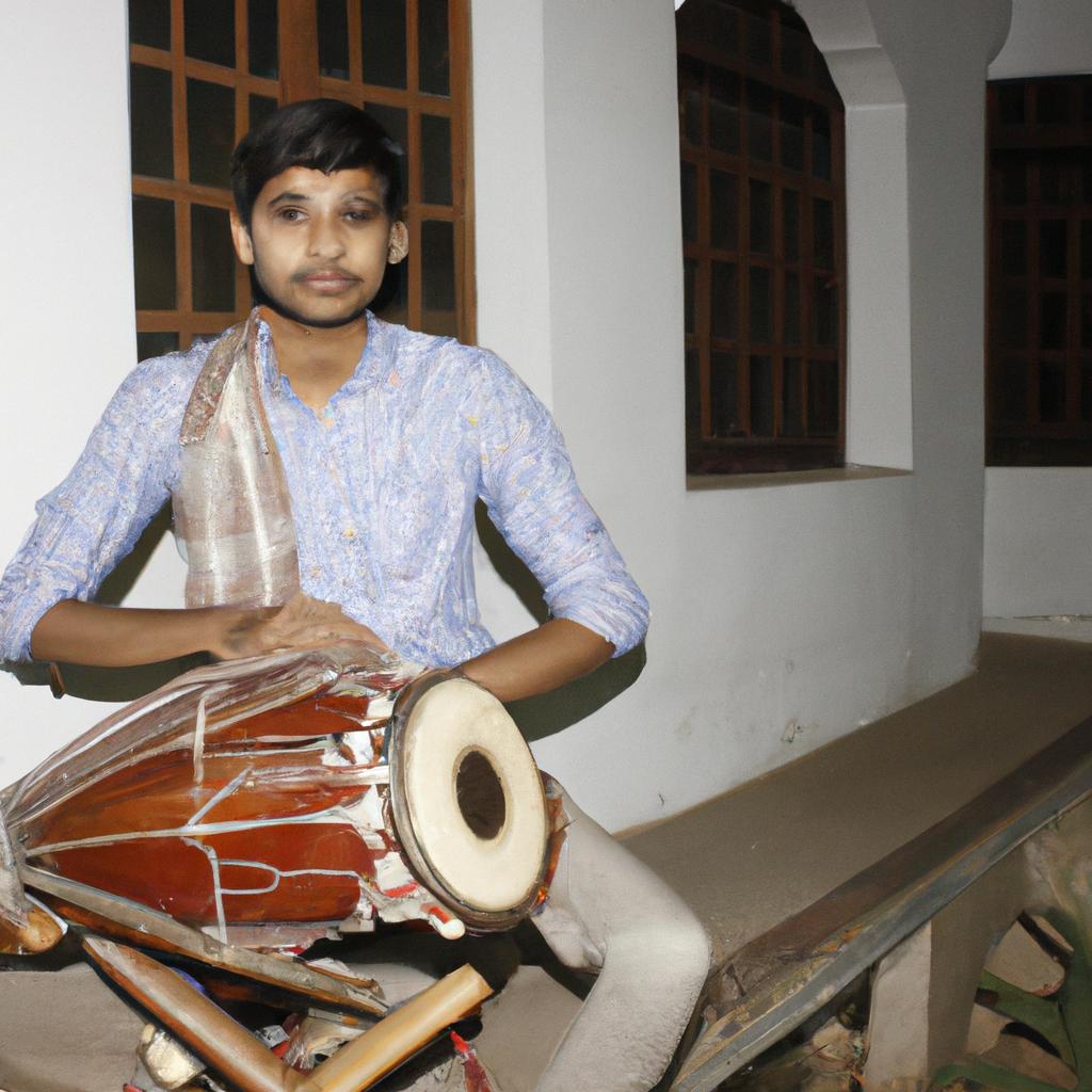 Person playing musical instrument, smiling