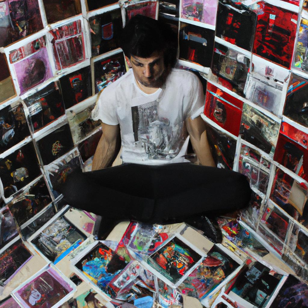Person surrounded by album covers