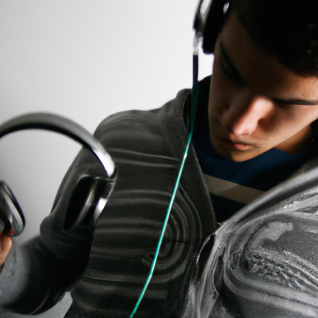 Person analyzing music with headphones